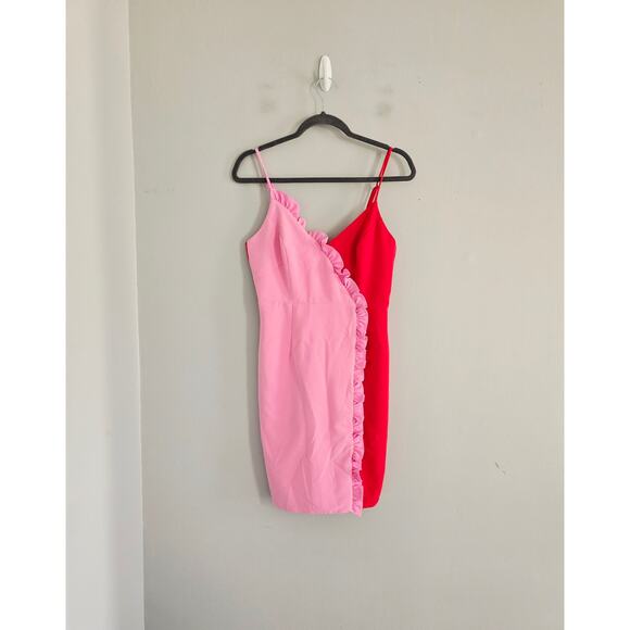 Revolve Bardot Red Pink Front Ruffle Mini Dress 6/S - Picture 2 of 4